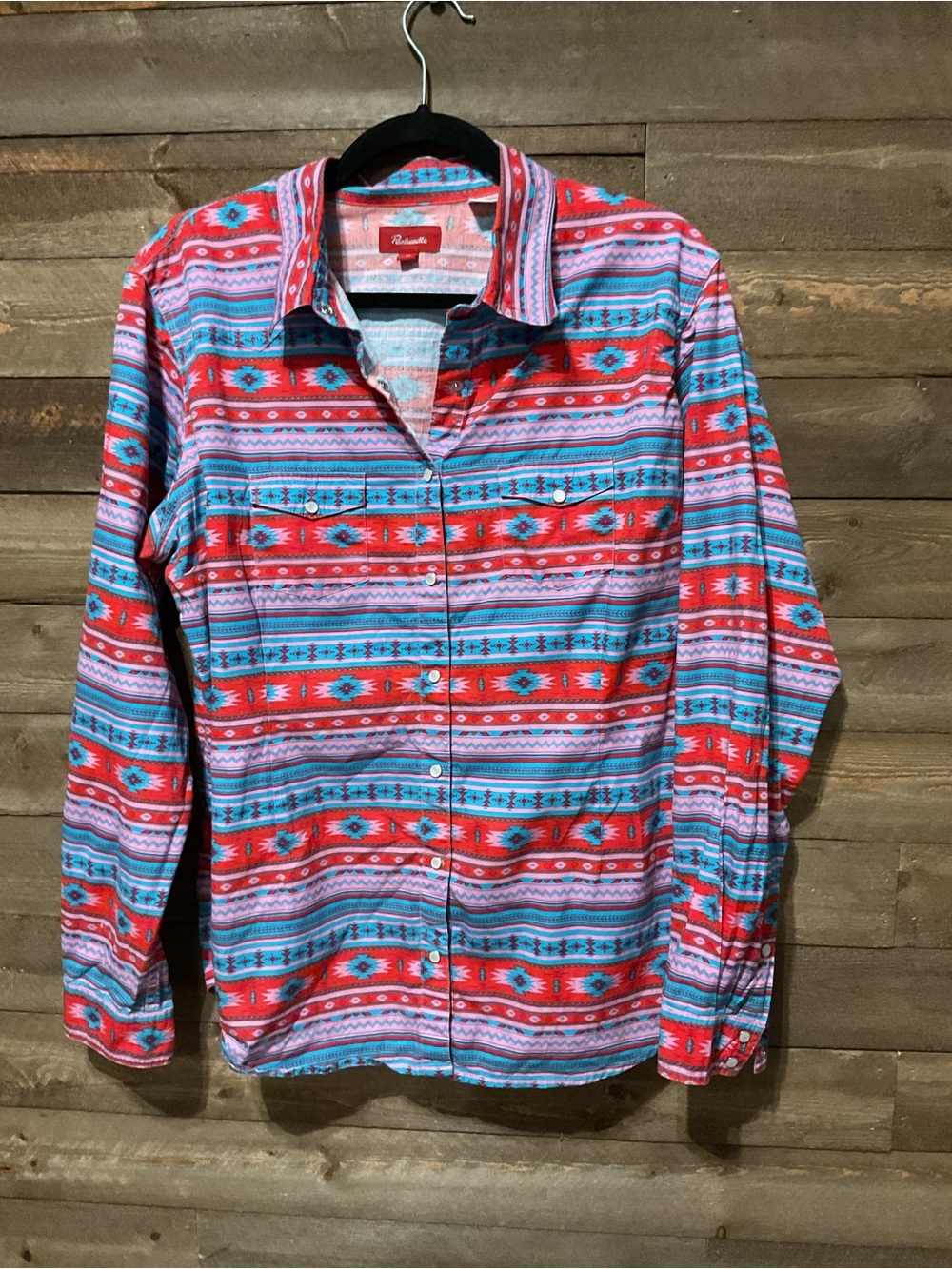 Panhandle Women’s Pink Red And Aqua Vintage Aztec Pearl Snap Size XL